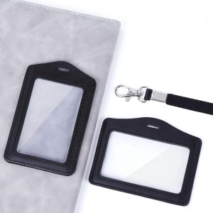 Leather ID Badge Card Holder With Lanyard