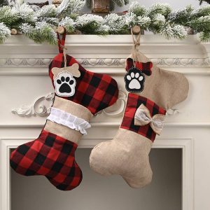 Burlap Plaid Bone Shape Christmas Stockings